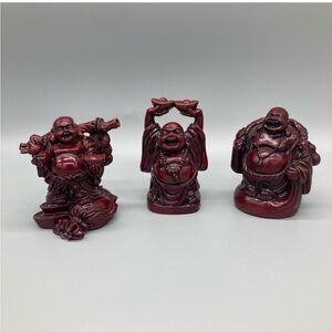 Vintage Red Resin Set 3 Laughing Buddha Collectible Figures Home Decor EUC